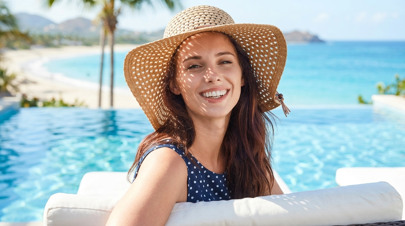 Smiling woman in a sun hat beside a pool